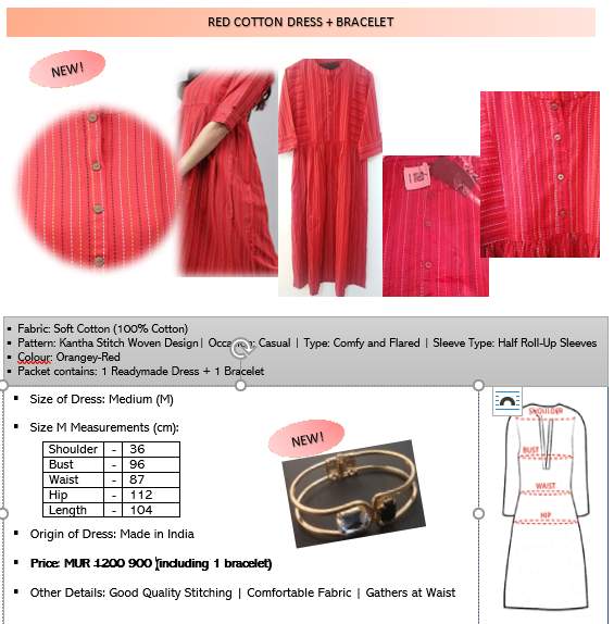 RED COTTON DRESS + BRACELET - 1 - Dresses (Women)  on Aster Vender