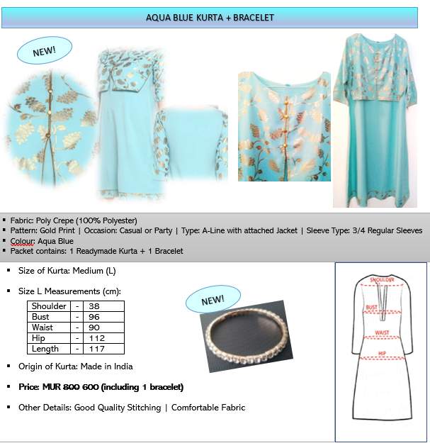 AQUA BLUE KURTA + BRACELET - 1 - Dresses (Women)  on Aster Vender
